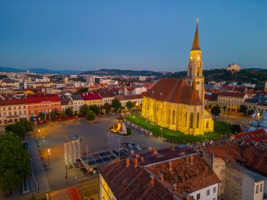 Sunset aerial view of Piata Unirii square in Cluj-Napoca, Romania clipart
