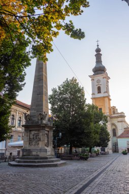 Romanya 'nın Cluj-Napoca kentindeki Carolina sütununun gün batımı manzarası