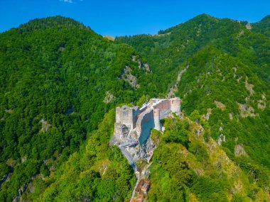 Romanya 'daki Poenari Kalesinin Panorama manzarası