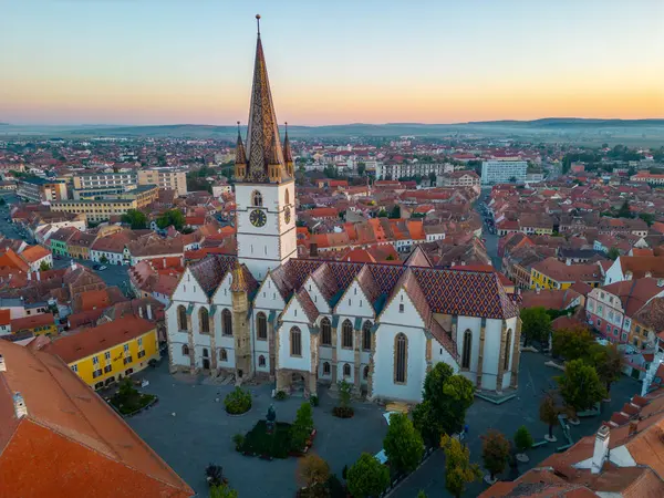 Sunrise Panorama View Saint Mary Cathedral Romanian Town Sibiu — Stock Photo, Image