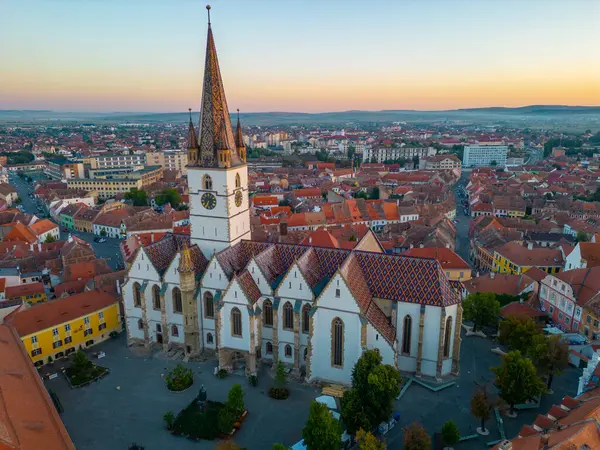 Sunrise Panorama View Saint Mary Cathedral Romanian Town Sibiu — Stock Photo, Image