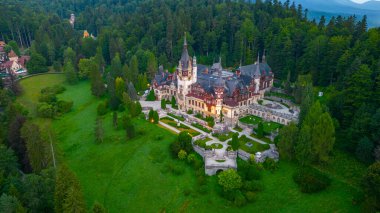 Romanya 'daki Peles şatosunun gün doğumu manzarası