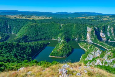 Güneşli bir günde Sırbistan 'da Uvac nehrinin kırsalları
