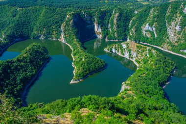 Güneşli bir günde Sırbistan 'da Uvac nehrinin kırsalları
