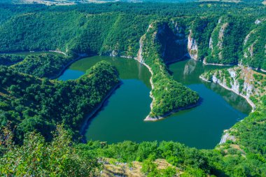 Güneşli bir günde Sırbistan 'da Uvac nehrinin kırsalları