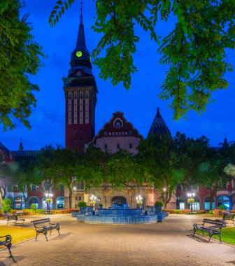 Sırbistan 'ın Subotica kentindeki Art Nouveau belediye binasının gün batımı manzarası