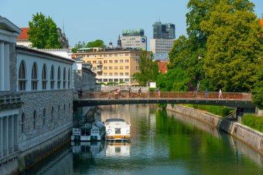 Slovenya 'nın Ljubljana kentindeki Ljubljanica nehrinin kıyısındaki kapalı pazar yeri