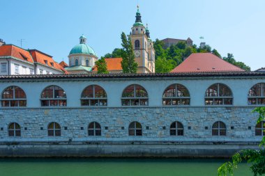 Slovenya 'nın Ljubljana kentindeki Ljubljanica nehrinin kıyısındaki kapalı pazar yeri