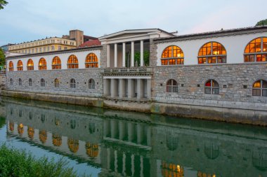 Slovenya 'nın Ljubljana kentindeki Ljubljanica nehrinin kıyısındaki kapalı pazar yeri