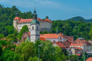 Slovenya 'nın Skofja Loka kasabasının şehir manzarası