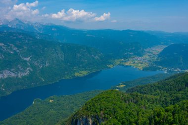 Slovenya 'daki Bohinj Gölü' nün havadan görünüşü