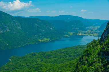 Slovenya 'daki Bohinj Gölü' nün havadan görünüşü