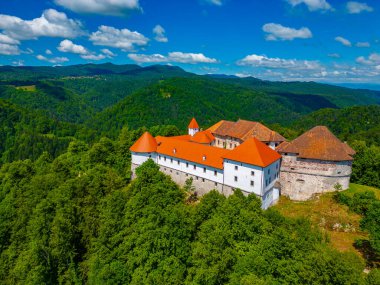Slovenya 'daki Turjak şatosunun hava manzarası