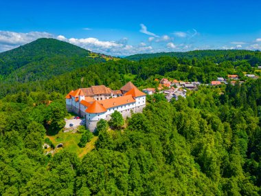 Slovenya 'daki Turjak şatosunun hava manzarası