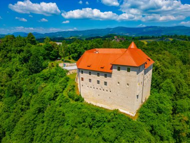 Slovenya 'da Brestanica köyü ve Sava nehrine bakan Rajhenburg kalesi