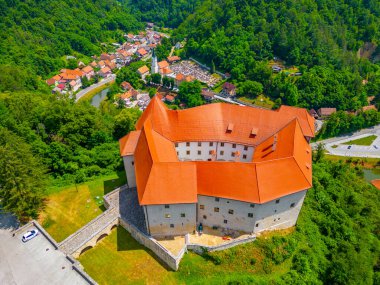 Slovenya 'da Brestanica köyü ve Sava nehrine bakan Rajhenburg kalesi