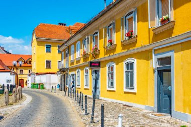 Slovenya 'nın Celje kentinin tarihi merkezinde renkli cepheler