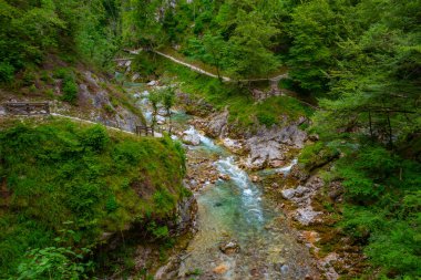 Tolmin vadisi Slovenya 'da bir yaz sabahı boyunca