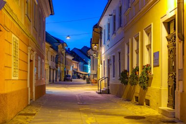 Slovenya 'nın Kranj kentindeki tarihi bir caddenin gece manzarası