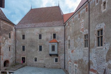Hunedoara, Romania, August 9, 2023: Courtyard of the Korvin castle in Hunedoara, Romania clipart