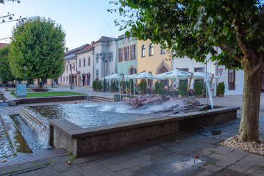 Baia Mare, Romanya, 10 Ağustos 2023: Romanya 'nın Baia Mare kentindeki ana meydanın gün batımı manzarası