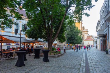 Cluj-Napoca, Romanya, 12 Ağustos 2023: Romanya 'nın Cluj-Napoca kentindeki bir caddenin gün batımı manzarası