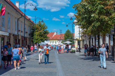 Sibiu, Romanya, 13 Ağustos 2023: İnsanlar Romanya 'nın Sibiu kentindeki bir sokakta güneşli bir günün tadını çıkarıyorlar