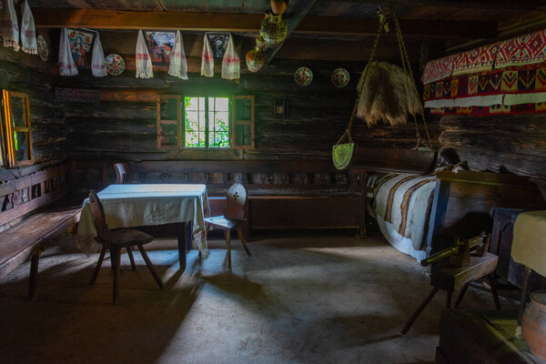 Sighetu Marmatiei, Romania, August 11, 2023:  interior of a house at Maramures Village Museum in Sighetu Marmatiei in Romania