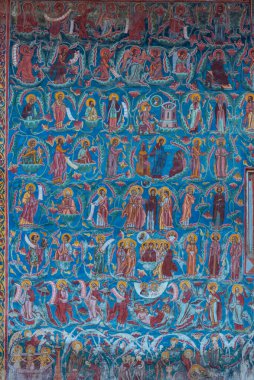 Moldovita, Romanya, 17 Ağustos 2023: Romanya 'daki Moldovita manastırındaki Fresklerin Detayları