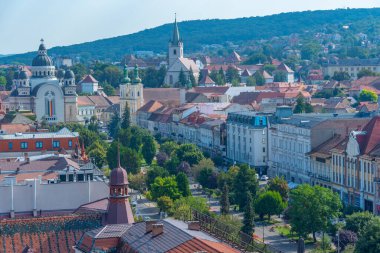 Targu Mures, Romanya, 18 Ağustos 2023: Romanya 'nın Targu kentindeki yükseliş katedralinin havadan görünüşü