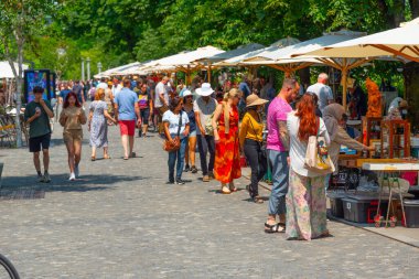 Ljubljana, Slovenya, 18 Haziran 2023: İnsanlar Ljubljana, Slovenya 'daki bir nehir kenarı bit pazarında geziniyorlar