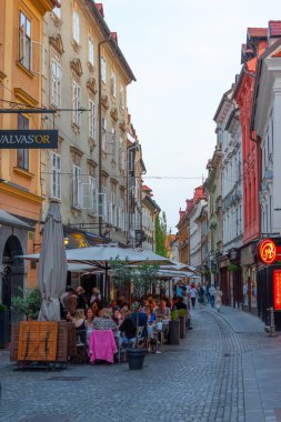 Ljubljana, Slovenya, 18 Haziran 2023: İnsanlar Ljubljana, Slovenya 'nın tarihi merkezinde bir sokakta geziniyorlar