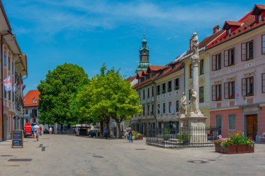 Skofja Loka, Slovenya, 19 Haziran 2023: Mestni trg Meydanı Slovenya 'nın Skofja Loka kentinde