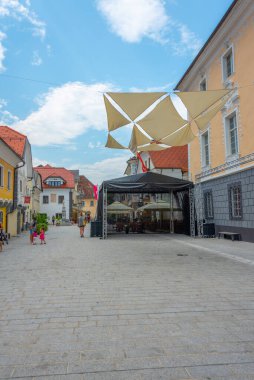 Radovljica, Slovenya, 19 Haziran 2023: Radovljica, Slovenya 'da halk Linhartov trg meydanında geziniyor