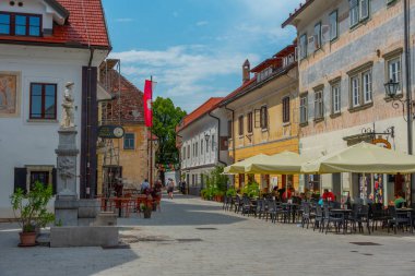 Radovljica, Slovenya, 19 Haziran 2023: Radovljica, Slovenya 'da halk Linhartov trg meydanında geziniyor