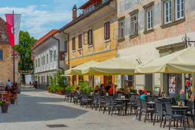 Radovljica, Slovenya, 19 Haziran 2023: Radovljica, Slovenya 'da halk Linhartov trg meydanında geziniyor