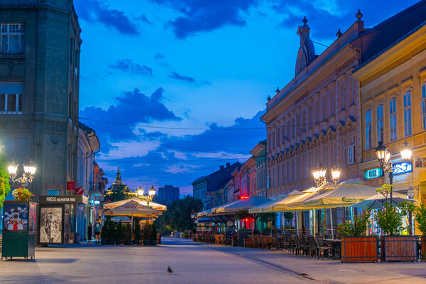 Novi Sad, Serbia, July 24, 2023: Night view of a street in the center of Serbian town Novi Sad