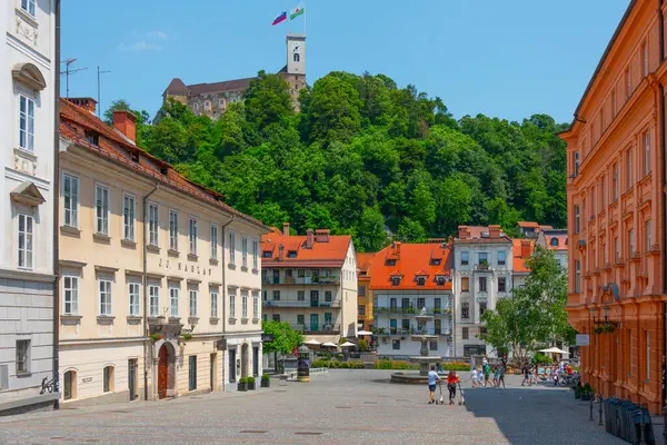 Lublana Słowenia Czerwca 2023 Zamek Lublanie Oglądany Placem Novi Trg — Zdjęcie stockowe