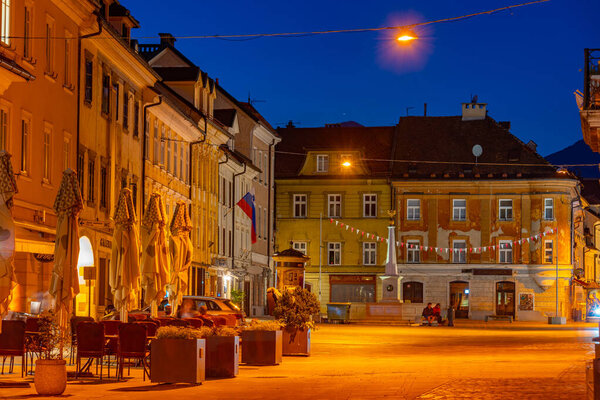 Kranj, Slovenia, 29 June 2023: Night view of Glavni trg square in Kranj, Slovenia