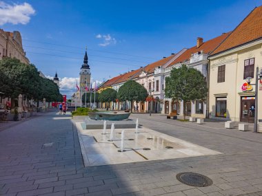 Trnava, Slovakya, 24 Temmuz 2024: Trnava, Slovakya 'da Hlavna Caddesi' nden geçen insanlar.