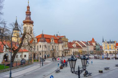 Pszczyna, Polonya, 31 Mart 2024: Polonya 'nın Pszczyna kentinin ana meydanı.