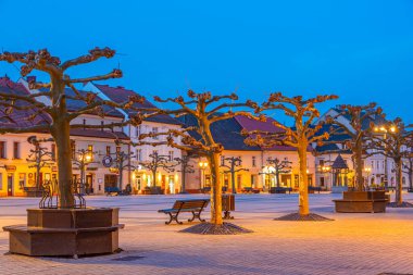 Pszczyna, Polonya, 1 Nisan 2024: Polonya 'nın Pszczyna kentindeki ana meydanın gün doğumu manzarası.