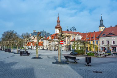 Pszczyna, Polonya, 1 Nisan 2024: Polonya 'nın Pszczyna kentindeki ana meydanın görüntüsü.