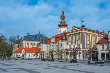 Pszczyna, Polonya, 1 Nisan 2024: Polonya 'nın Pszczyna kentindeki ana meydanın görüntüsü.