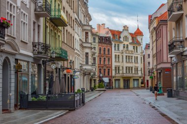 Torun, Polonya, 11 Ağustos 2024: Torun, Poland.IMAGE 'in merkezinde bir yayanın gün batımı manzarası
