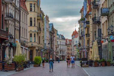 Torun, Polonya, 11 Ağustos 2024: Torun, Poland.IMAGE 'in merkezinde bir yayanın gün batımı manzarası