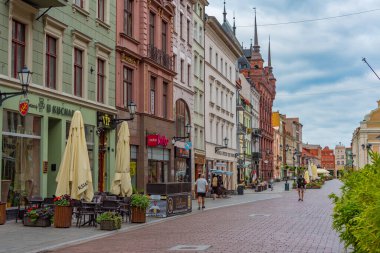 Torun, Polonya, 11 Ağustos 2024: Torun, Poland.IMAGE 'in merkezinde bir yayanın gün batımı manzarası