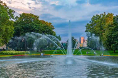 Poznan, Polonya, 15 Ağustos 2024: Poznan, Poland.IMAGE 'deki Mickiewicz parkında gün batımı manzarası