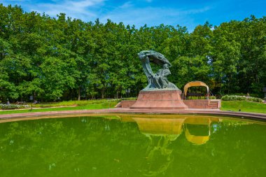 Varşova, Polonya, 25 Ağustos 2024: Royal Lazienki Park Varşova 'da Waclaw Szymanowski' nin Fryderyk Chopin 'in bronz heykeli