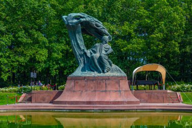Varşova, Polonya, 25 Ağustos 2024: Royal Lazienki Park Varşova 'da Waclaw Szymanowski' nin Fryderyk Chopin 'in bronz heykeli